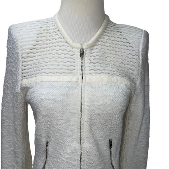 IRO Hurley White Leather Trim Textured Knit Zip Jacket FR38 Pockets Embroidered - Picture 3 of 12